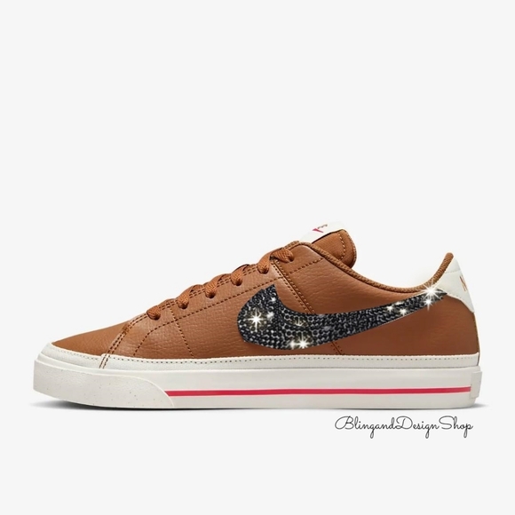 Women's Bling Nike Court Legacy Brown Sneakers made with Black Crystals Custom - Picture 1 of 6